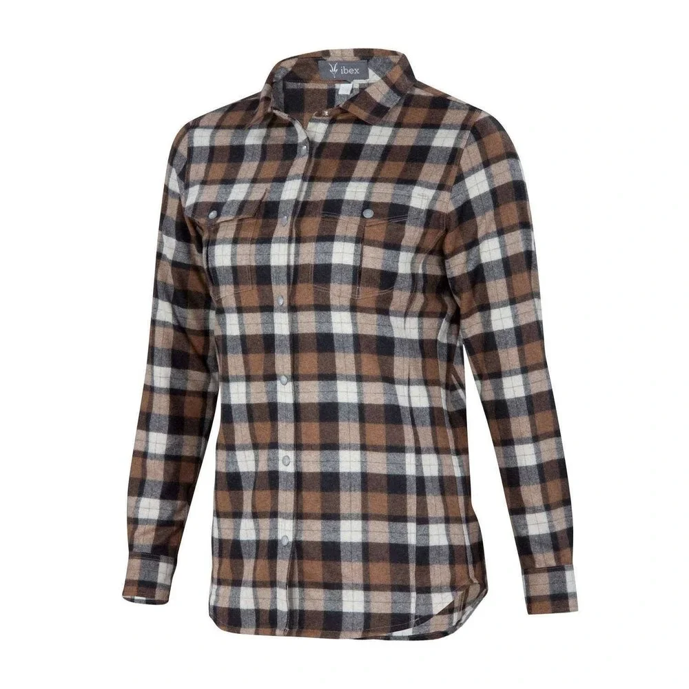 Ibex Taos Brown Plaid Flannel Snap Button Up Shirt Pockets Wool Outdoor Womens M
